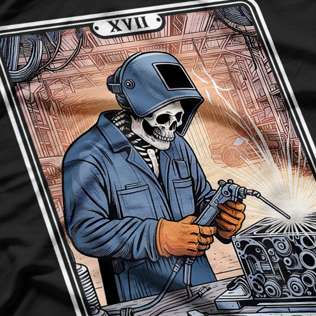 Skeleton Welder Tarot Card Funny Metalworking Graphic T-Shirt