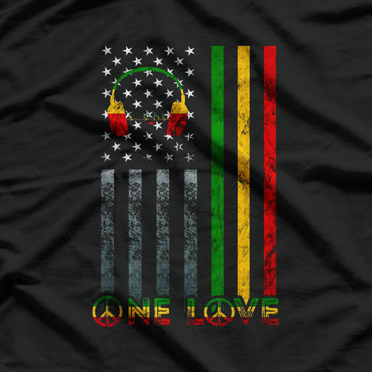 One Love USA American Flag Rasta Reggae Reggae Music Note T-Shirt