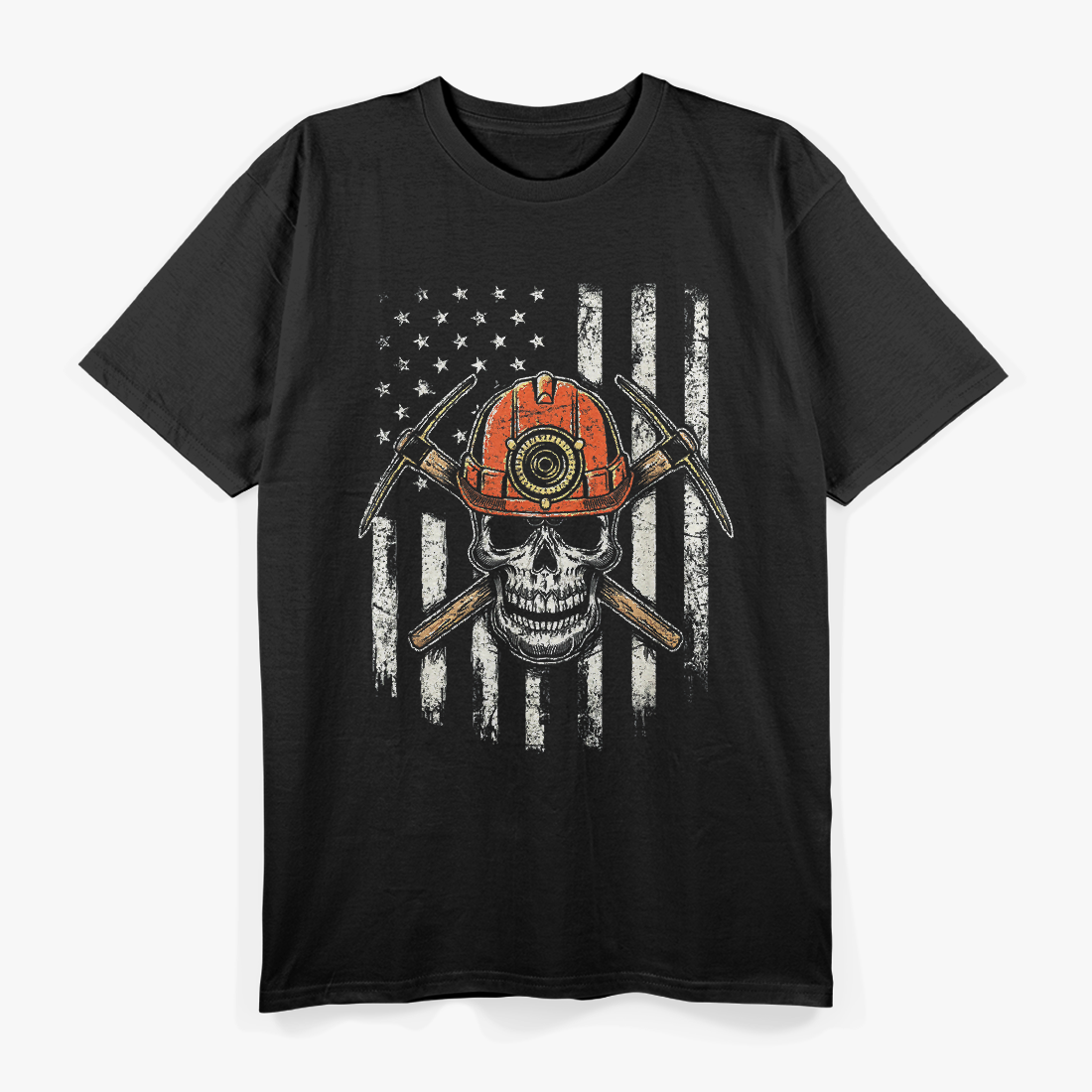 Coal Miner Skull Patriotic Flag Pitman Underground Mining T-Shirt