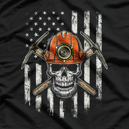 Coal Miner Skull Patriotic Flag Pitman Underground Mining T-Shirt