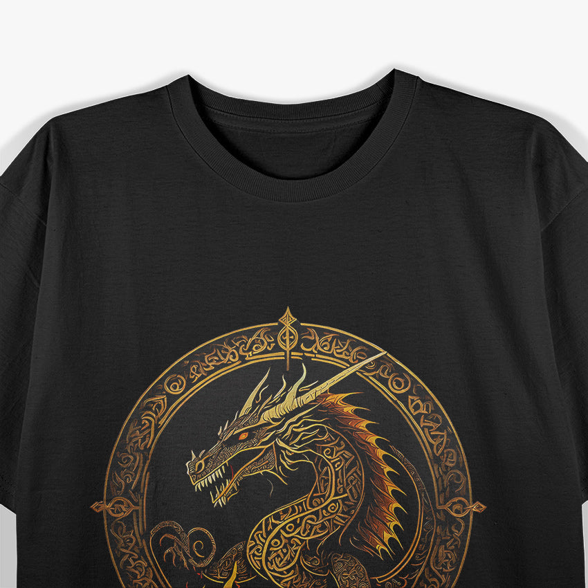 Dark Golden Fire Dragon A Blaze of Power and Mystique T-Shirt