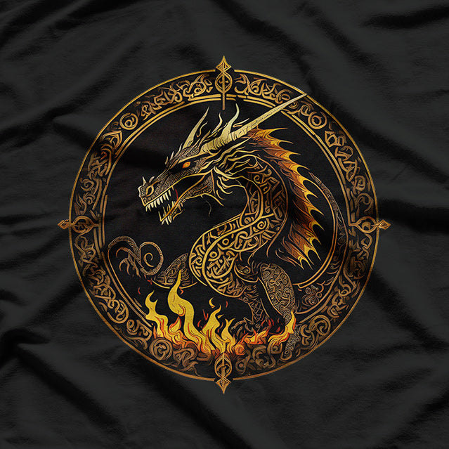 Dark Golden Fire Dragon A Blaze of Power and Mystique T-Shirt