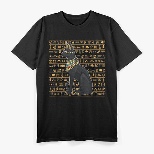 Cat Goddess Bastet Ancient Egyptian Hieroglyphs and Divine Power T-Shirt