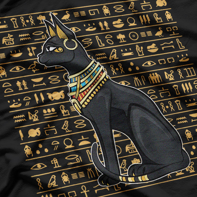 Cat Goddess Bastet Ancient Egyptian Hieroglyphs and Divine Power T-Shirt