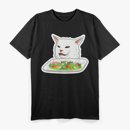 Angry Women Yelling At Confused Cat At Dinner Table T-Shirt