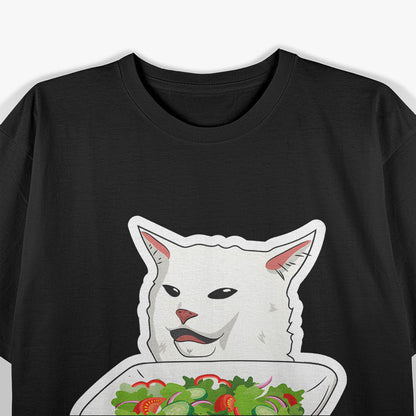 Angry Women Yelling At Confused Cat At Dinner Table T-Shirt