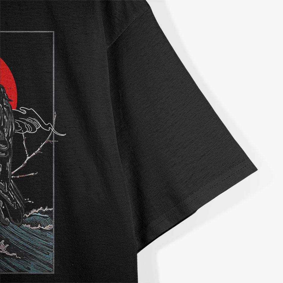 Red Moon Raven Graphic Black Crow in a Mystical Night Sky T-Shirt