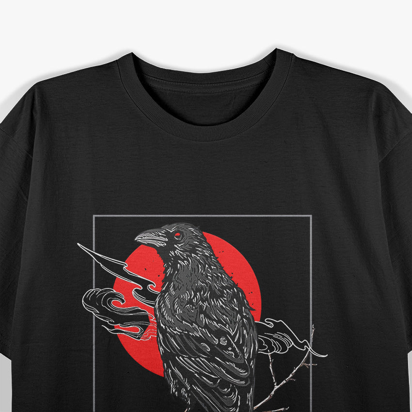 Red Moon Raven Graphic Black Crow in a Mystical Night Sky T-Shirt