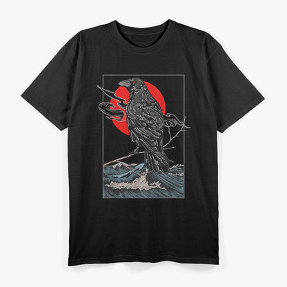 Red Moon Raven Graphic Black Crow in a Mystical Night Sky T-Shirt