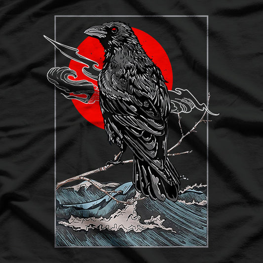 Red Moon Raven Graphic Black Crow in a Mystical Night Sky T-Shirt