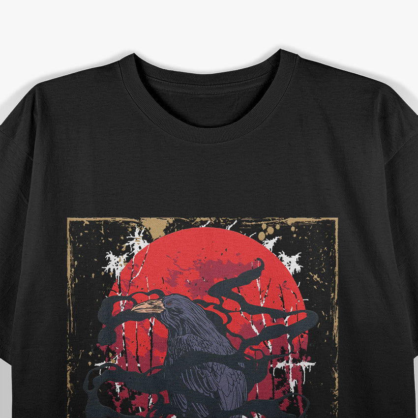 Dark Gothic Art Raven and Black Crow Under the Red Moon T-Shirt