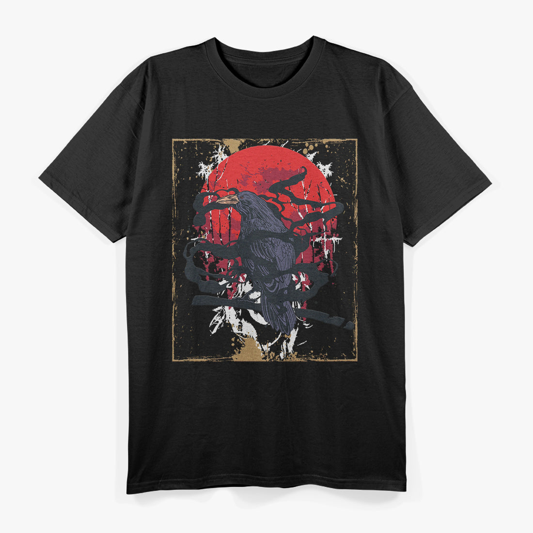 Dark Gothic Art Raven and Black Crow Under the Red Moon T-Shirt