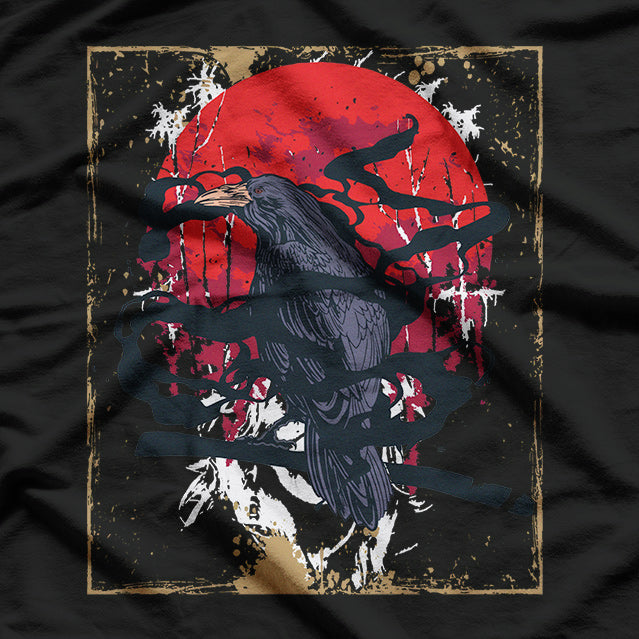 Dark Gothic Art Raven and Black Crow Under the Red Moon T-Shirt