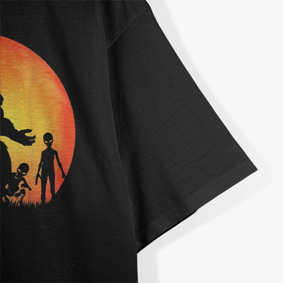 Bigfoot and Alien Mysterious Encounter Under the Moon T-Shirt