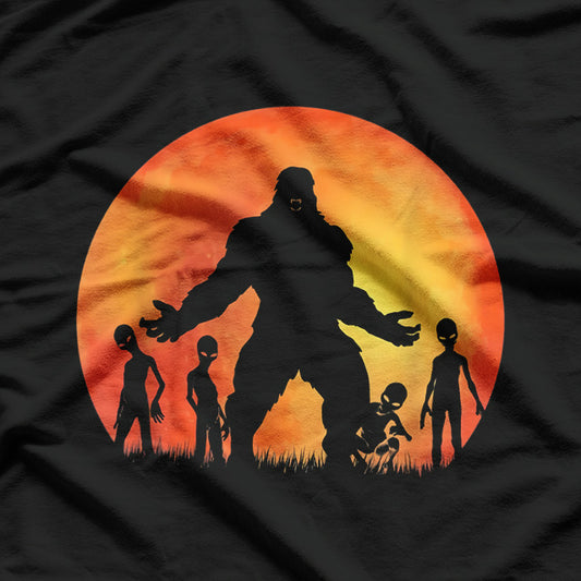Bigfoot and Alien Mysterious Encounter Under the Moon T-Shirt