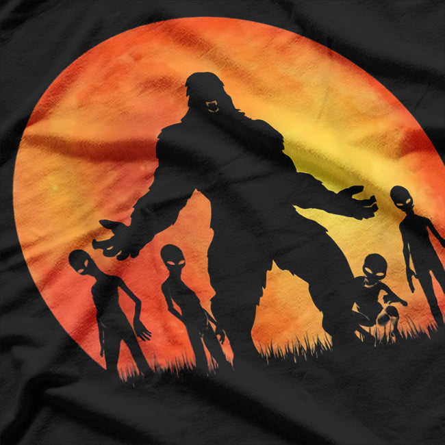 Bigfoot and Alien Mysterious Encounter Under the Moon T-Shirt