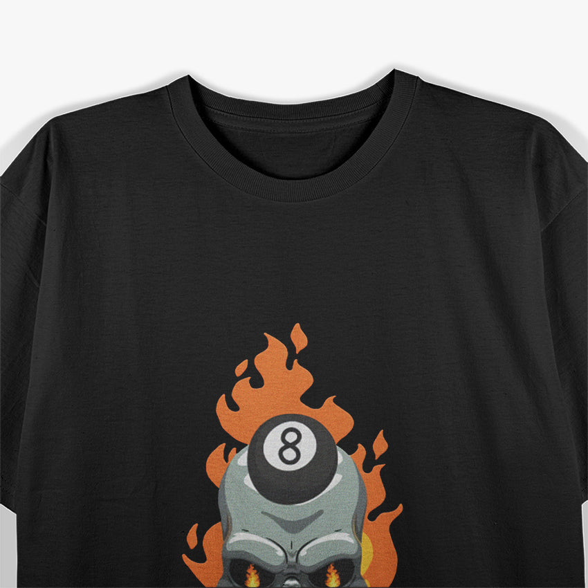 Fire Pool Player Skull Billiards Cue and 8 Ball T-Shirt