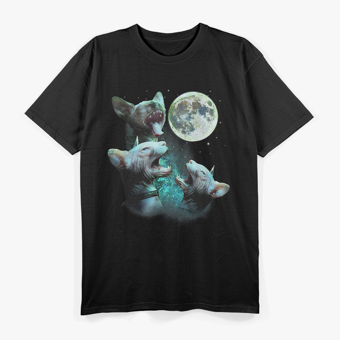 Three Hairless Sphynx Cats Howl At Moon 3 Wolfs T-Shirt