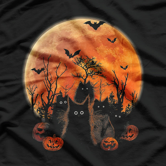 Black Cats, Moon, and Pumpkin Funny Halloween Horror Vibes T-Shirt