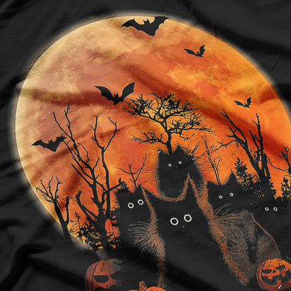 Black Cats, Moon, and Pumpkin Funny Halloween Horror Vibes T-Shirt