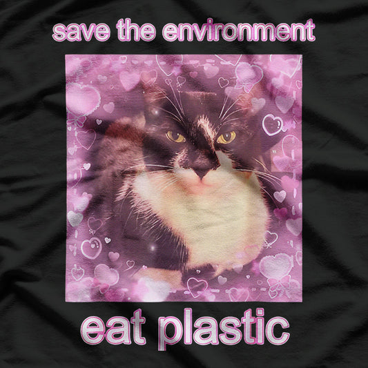 Save The Environment Eat Plastic Cute Cat Graphic T-Shirt