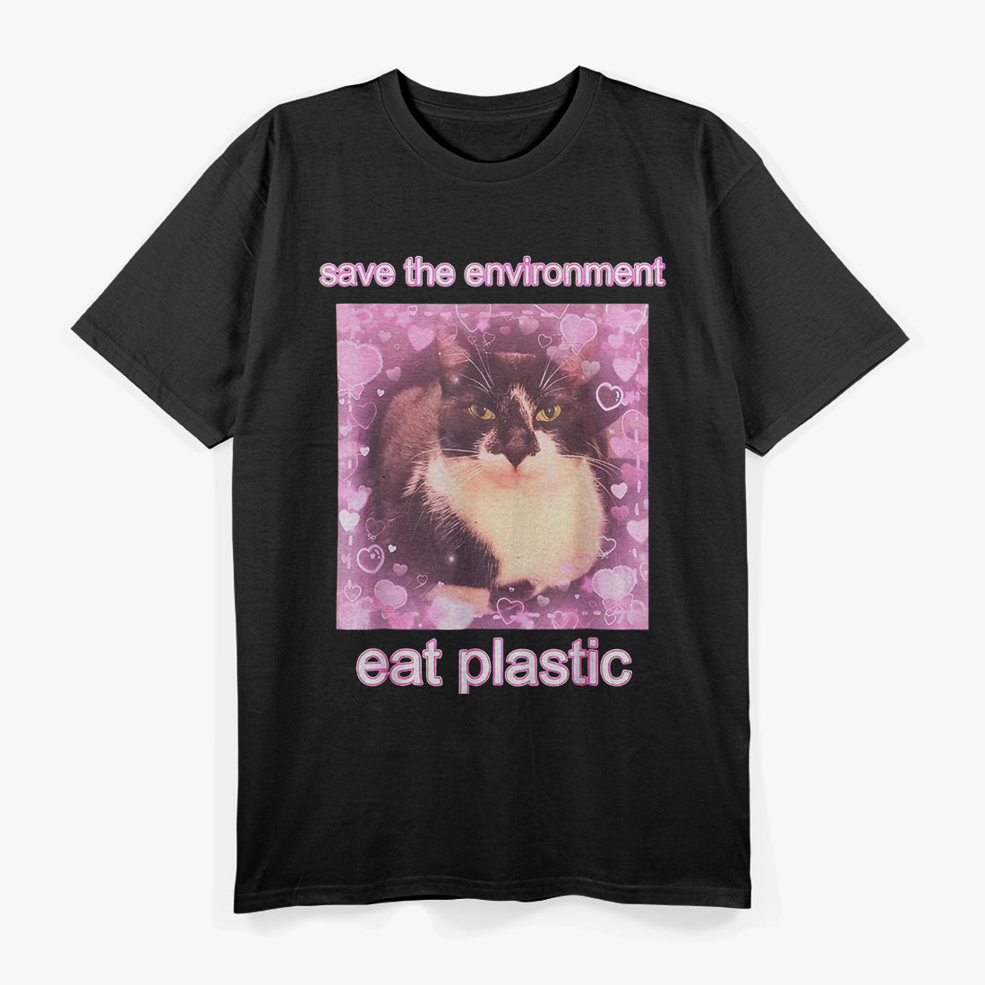 Save The Environment Eat Plastic Cute Cat Graphic T-Shirt