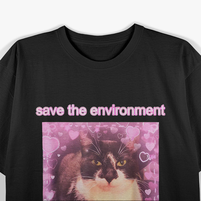 Save The Environment Eat Plastic Cute Cat Graphic T-Shirt