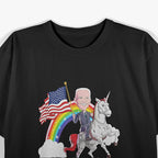 Ridin' with Biden American Flag and Rainbow Unicorn Fun T-Shirt