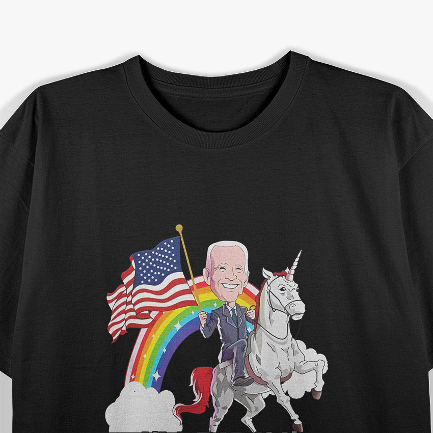 Ridin' with Biden American Flag and Rainbow Unicorn Fun T-Shirt