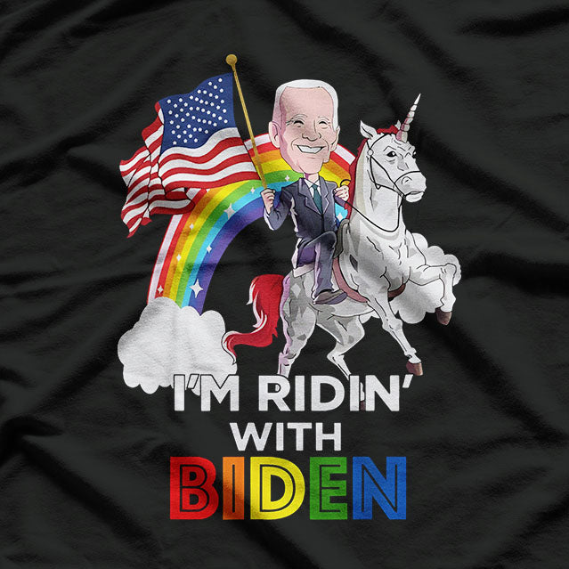 Ridin' with Biden American Flag and Rainbow Unicorn Fun T-Shirt