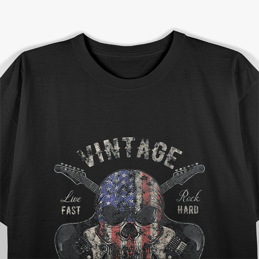 American Flag Guitar Vintage Rock and Roll Skull Guitarist T-Shirt