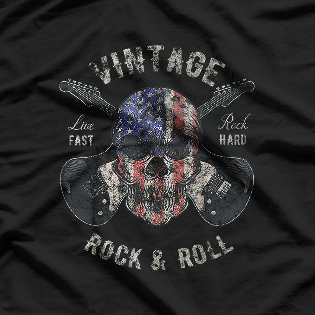 American Flag Guitar Vintage Rock and Roll Skull Guitarist T-Shirt