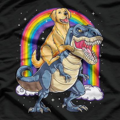 Golden Retriever Riding Dinosaur T-Rex T-Shirt