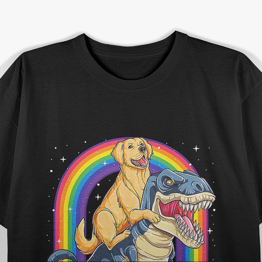 Golden Retriever Riding Dinosaur T-Rex T-Shirt