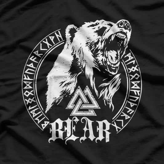 Berserker Bear Warrior: Odin's Fury, Runes, and the Valknut Symbol in Viking Lore T-Shirt