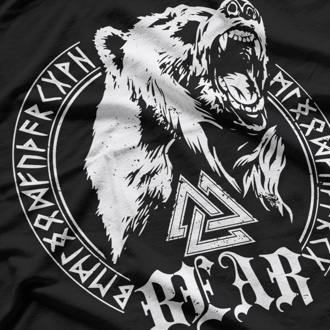 Berserker Bear Warrior: Odin's Fury, Runes, and the Valknut Symbol in Viking Lore T-Shirt
