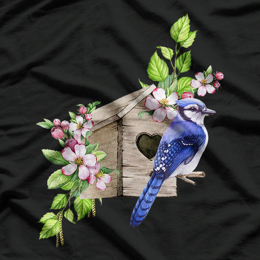 Blue Jay Bird - Birdhouse and Pink Blossoms - Bird Watching T-Shirt