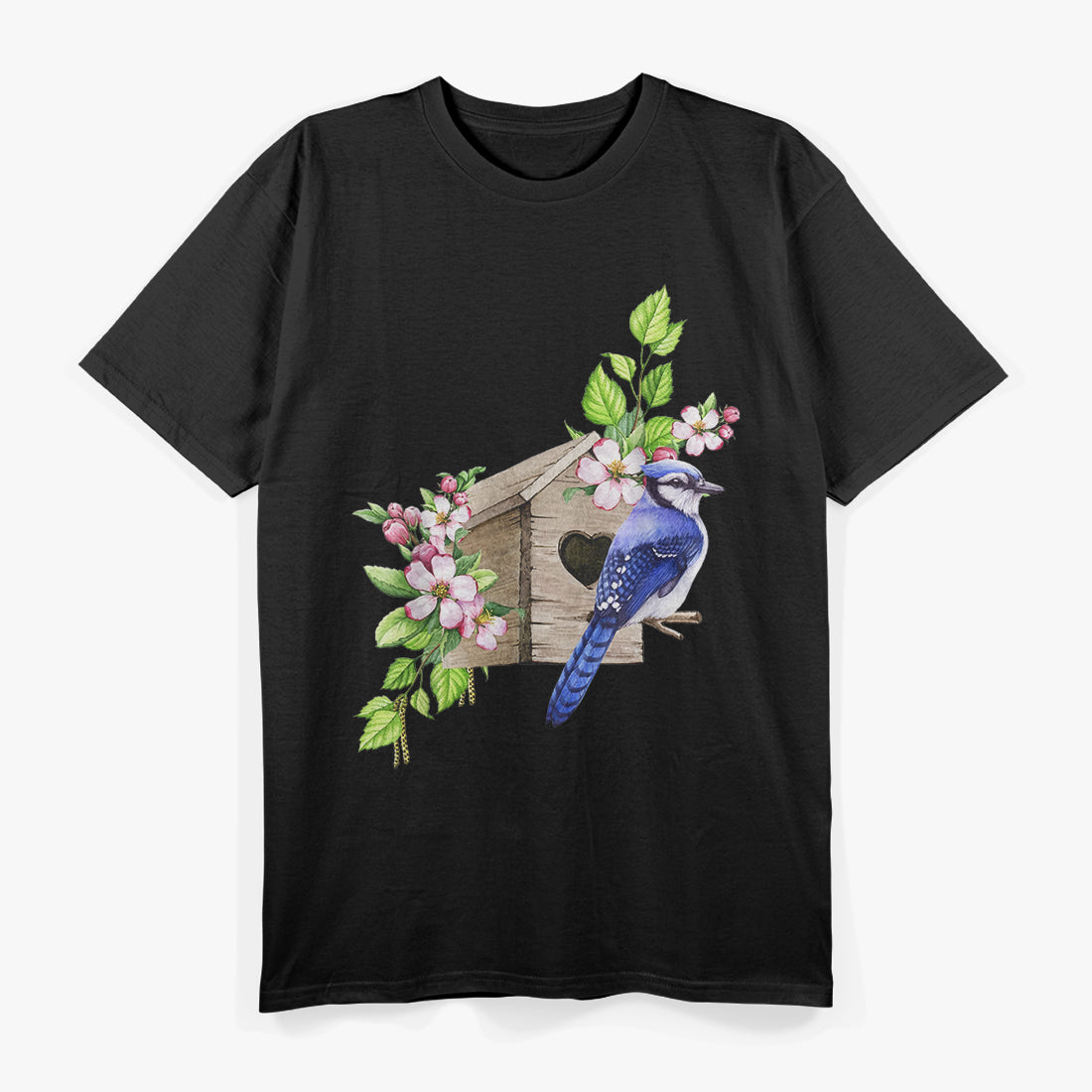 Blue Jay Bird - Birdhouse and Pink Blossoms - Bird Watching T-Shirt