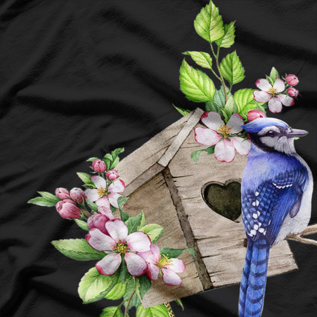 Blue Jay Bird - Birdhouse and Pink Blossoms - Bird Watching T-Shirt