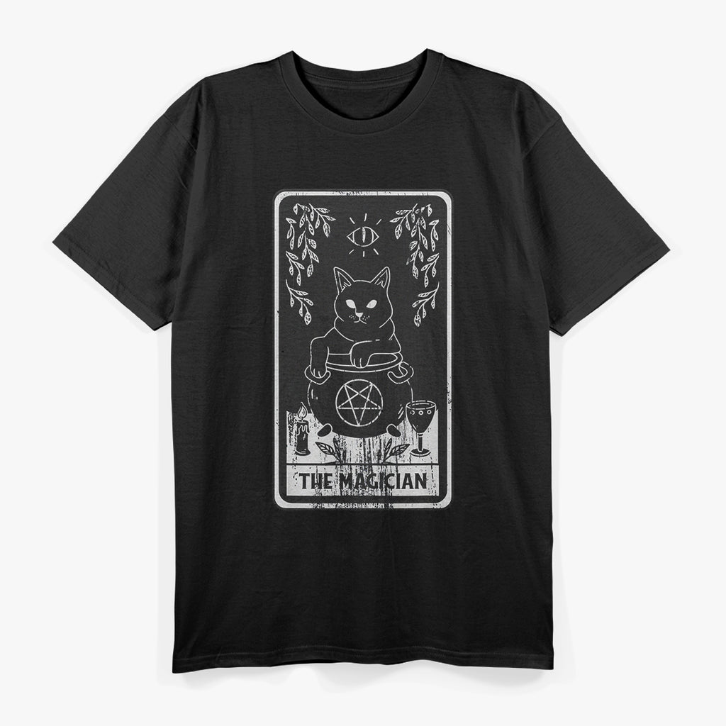 Black Cat Magician Tarot Card Mastery of Magic, Intuition, and Transformation T-Shirt