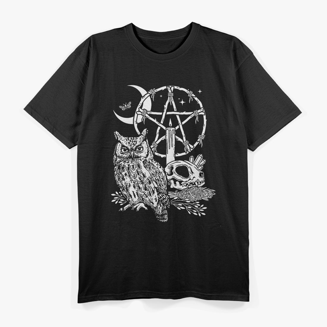 Wiccan Witch Owl, Candle, Moon, Skull, and Pentacle Magic T-Shirt