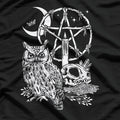 Wiccan Witch Owl, Candle, Moon, Skull, and Pentacle Magic T-Shirt