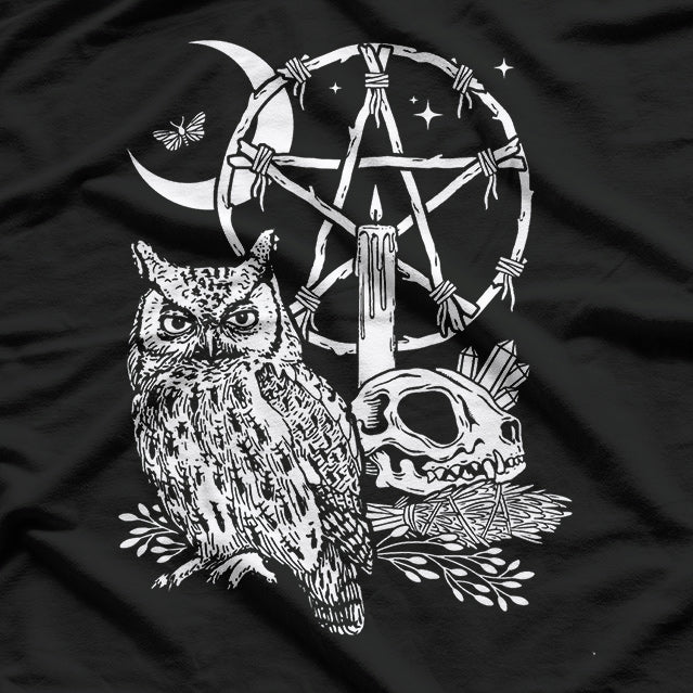 Wiccan Witch Owl, Candle, Moon, Skull, and Pentacle Magic T-Shirt
