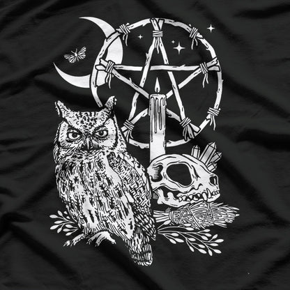 Wiccan Witch Owl, Candle, Moon, Skull, and Pentacle Magic T-Shirt