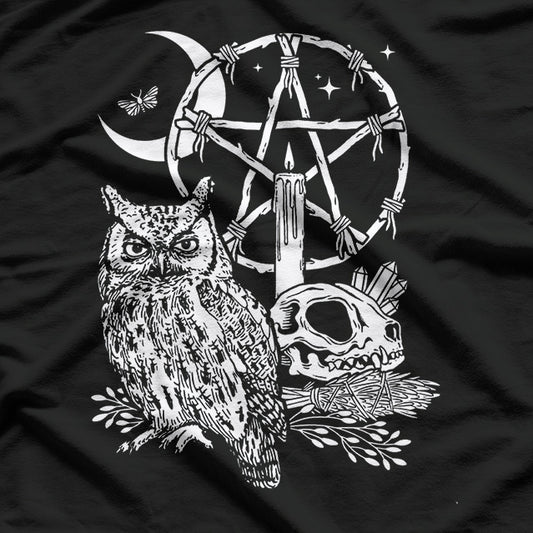 Wiccan Witch Owl, Candle, Moon, Skull, and Pentacle Magic T-Shirt