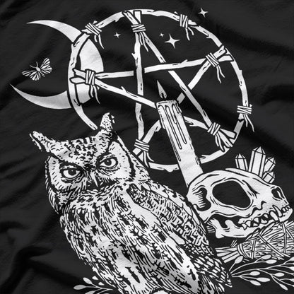 Wiccan Witch Owl, Candle, Moon, Skull, and Pentacle Magic T-Shirt