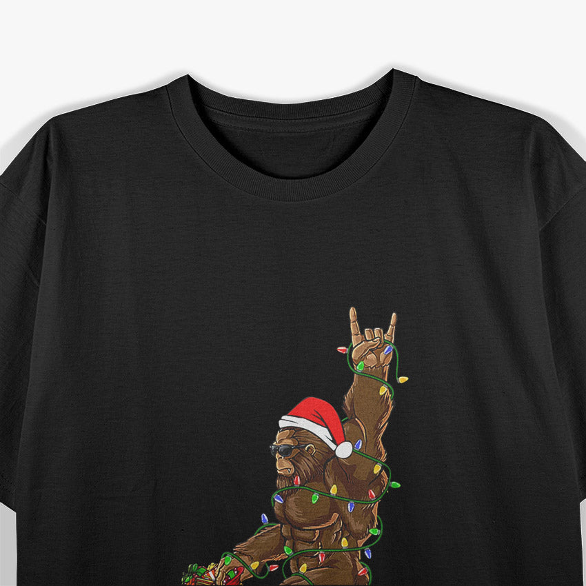 Santa Bigfoot Christmas Lights, Rock, and Sasquatch Fun T-Shirt