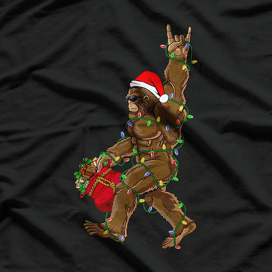 Santa Bigfoot Christmas Lights, Rock, and Sasquatch Fun T-Shirt