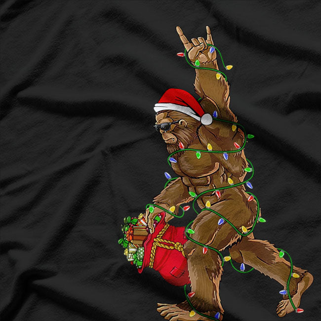 Santa Bigfoot Christmas Lights, Rock, and Sasquatch Fun T-Shirt