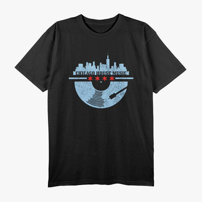 Chicago House Music Vintage Vinyl DJ Raver Flag Skyline Gift T-Shirt